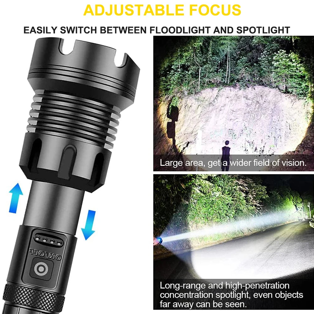 90000 Lumens XHP90 LED Tactical Flashlight – Rechargeable USB Zoomable 7-Mode Torch