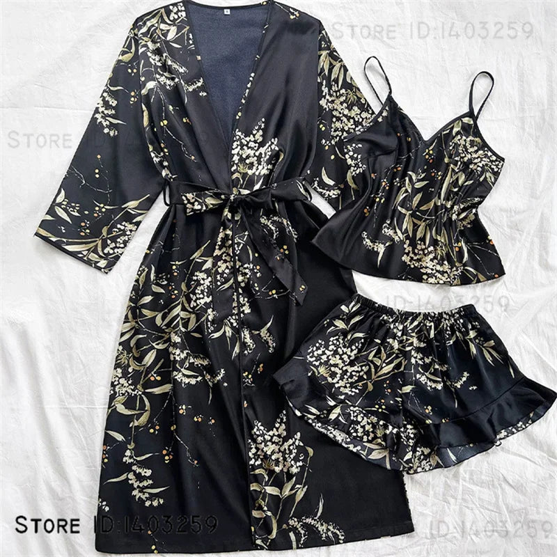 3-Piece Floral Kimono Robe & Pajama Set — Satin Loungewear