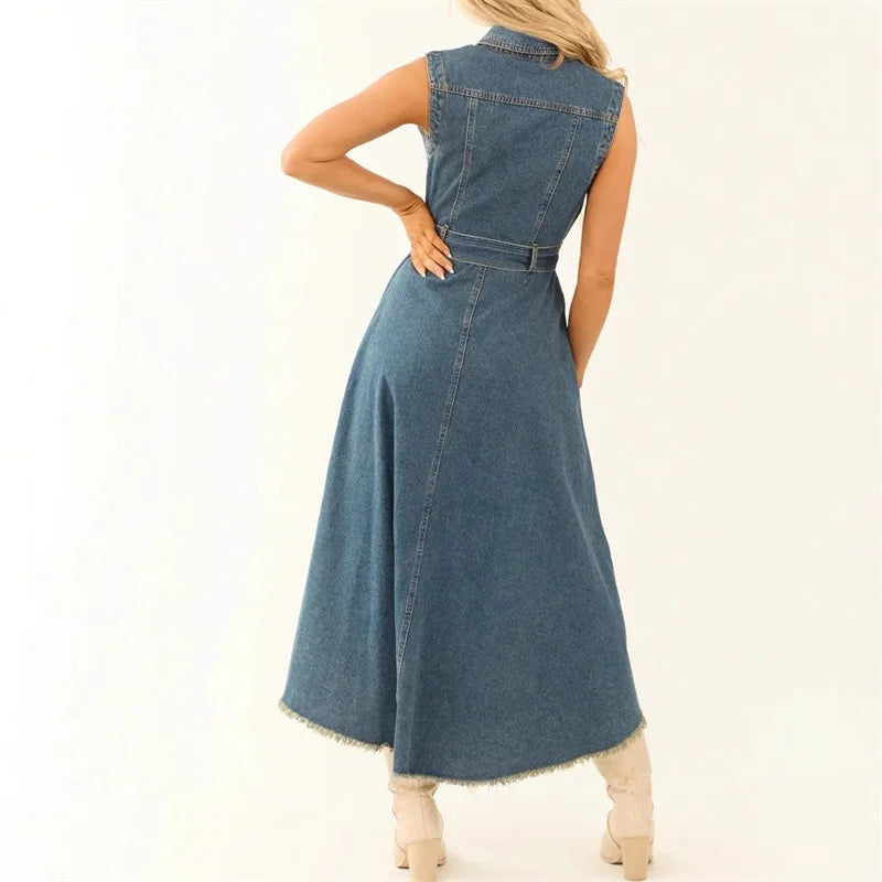 Denim Dresses For Women Sleeveless Sexy Irregular Girl Fashion A-Line Long Tunic Dress Lady Lace-Up Female Jeans Clothes