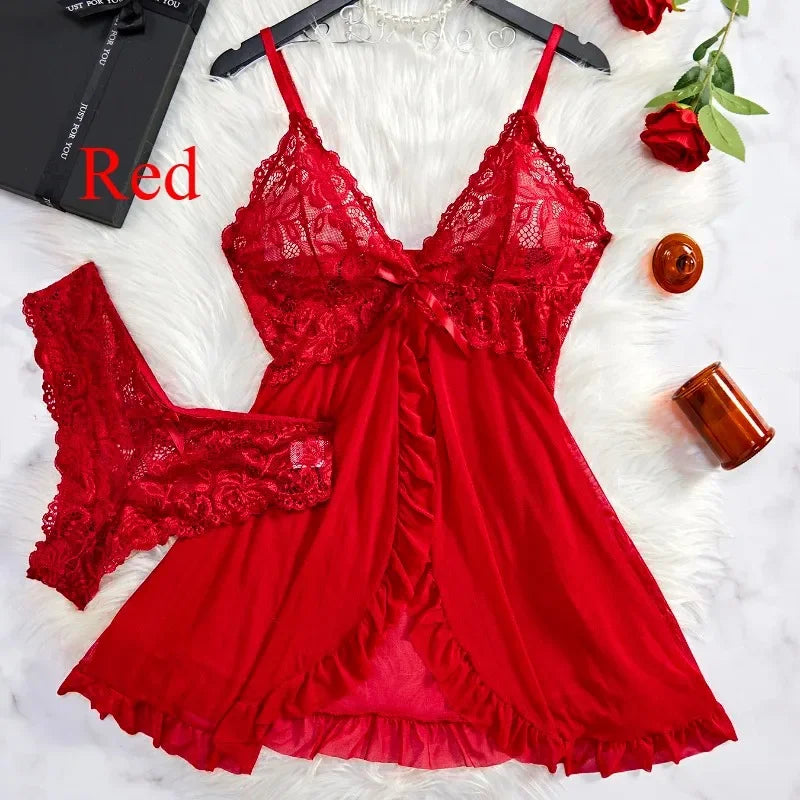 Lace Bra & Slip Nightdress Set — Wire-Free Sexy Sleepwear
