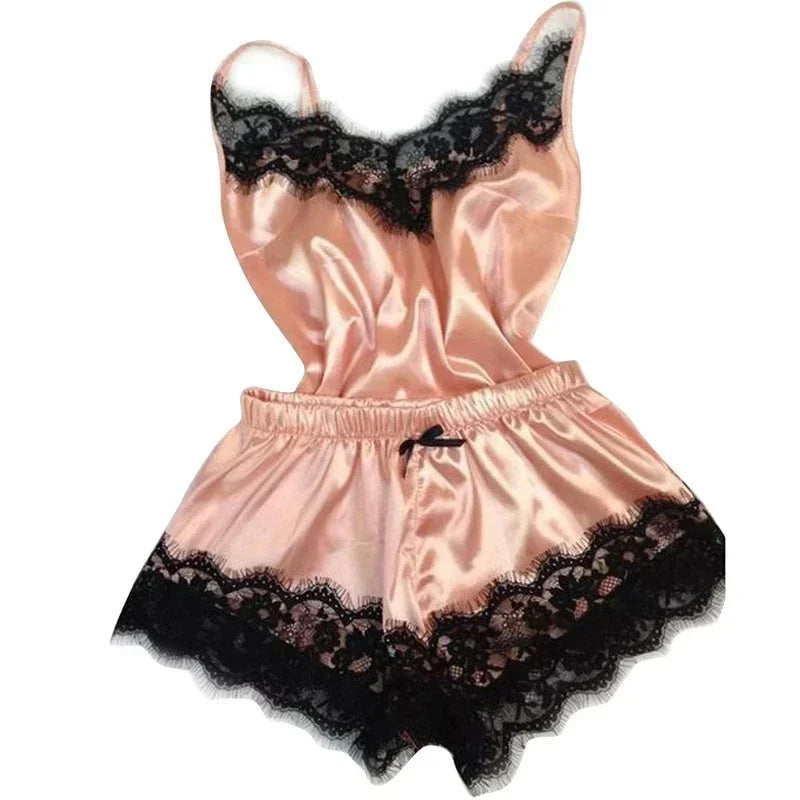 Women's Summer Lace Silk Pajama Set | Cami Top & Shorts Sexy Lingerie Sleepwear