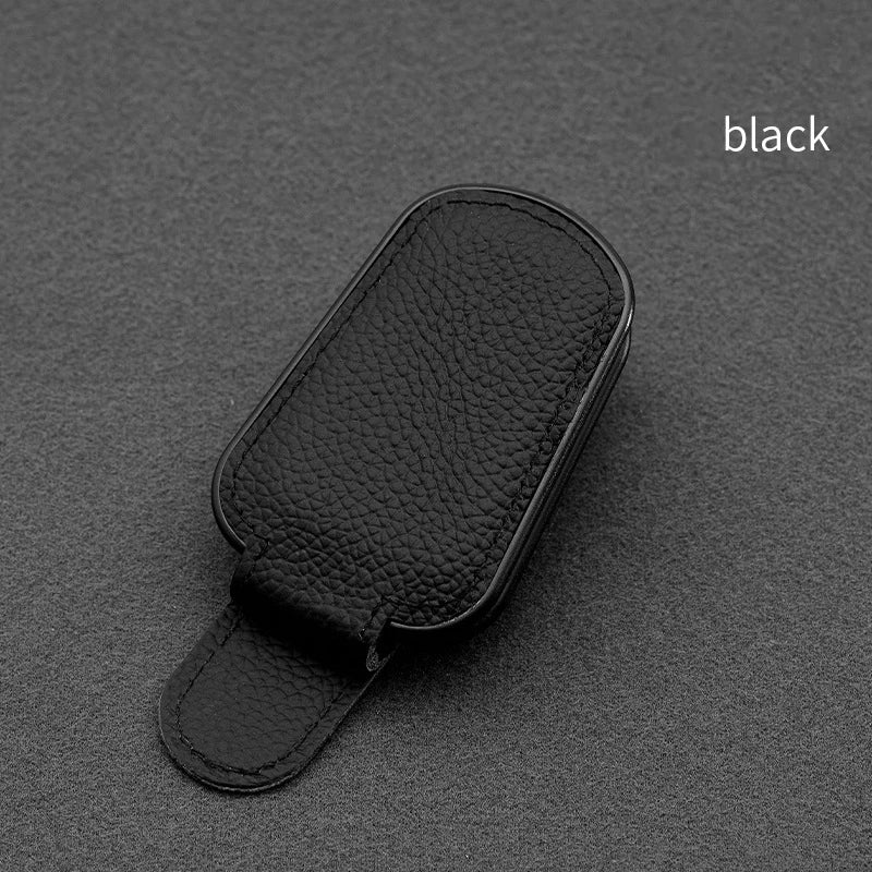Black PU Leather Car Sunglasses Clip | Magnetic Sun Visor Storage Holder for Glasses & Cards