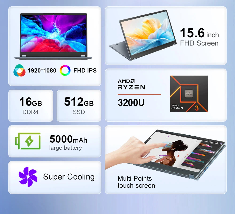 Ninkear YBOOK15 360° 2-in-1 Laptop – 15.6" FHD IPS Touch, AMD Ryzen 3 3200U, Up to 16GB DDR4, 512GB SSD, Windows 11 Pro