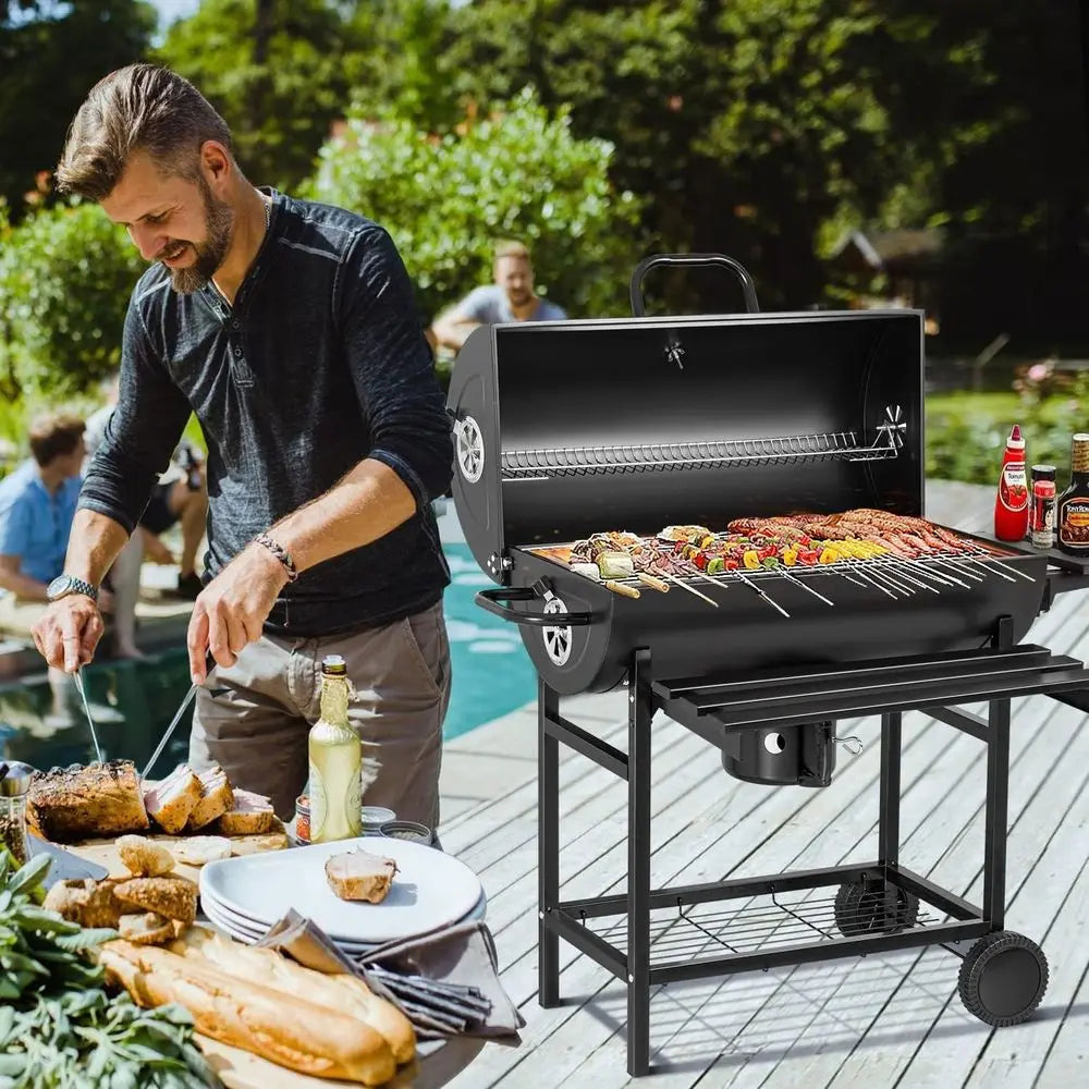 Barrel-Style BBQ Grill | 565 Sq. In., Triple Racks, Built-in Thermometer, Chrome-Plated Iron, Adjustable Ash Catcher