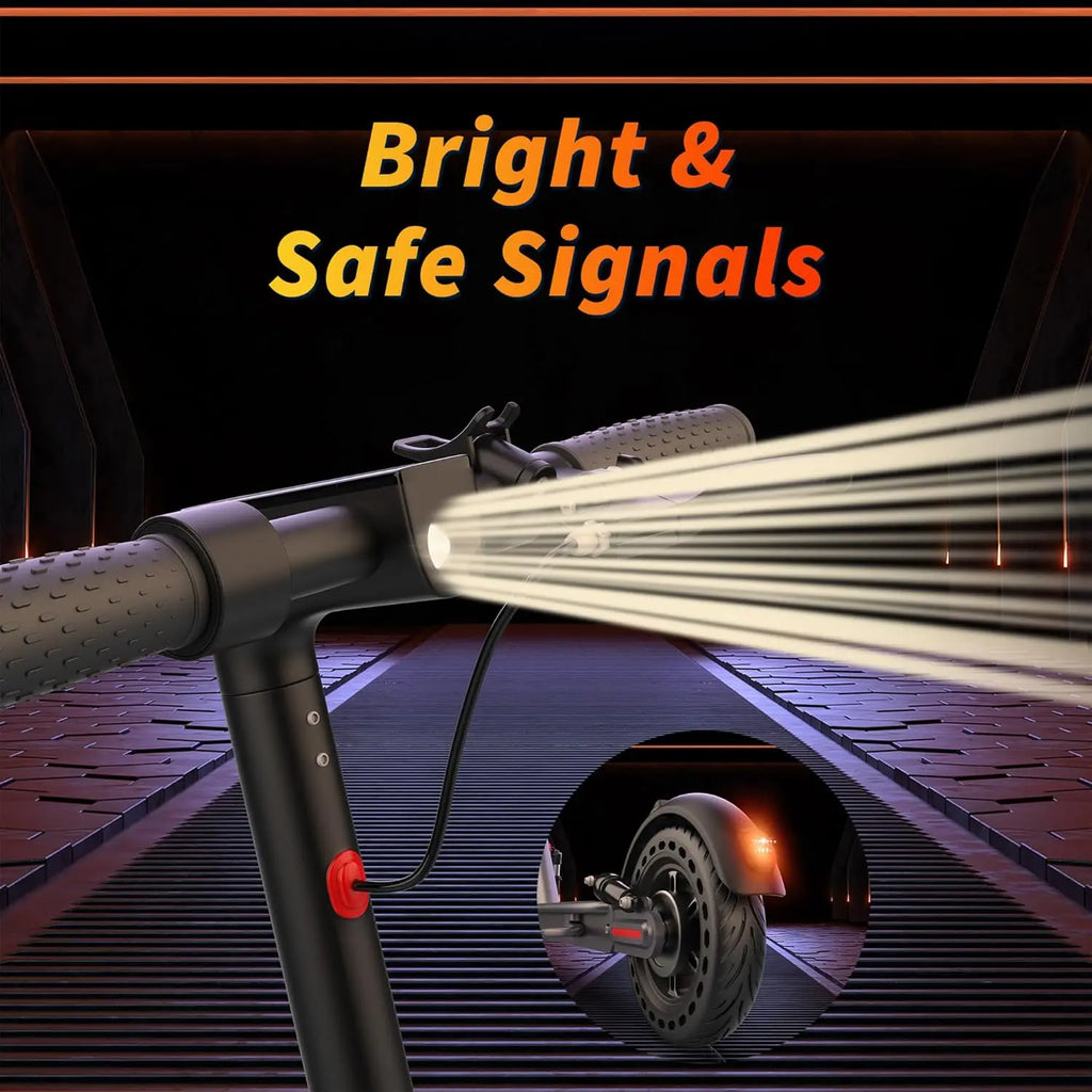 Electric scooter headlight and rear signal light shown for improved visibility.