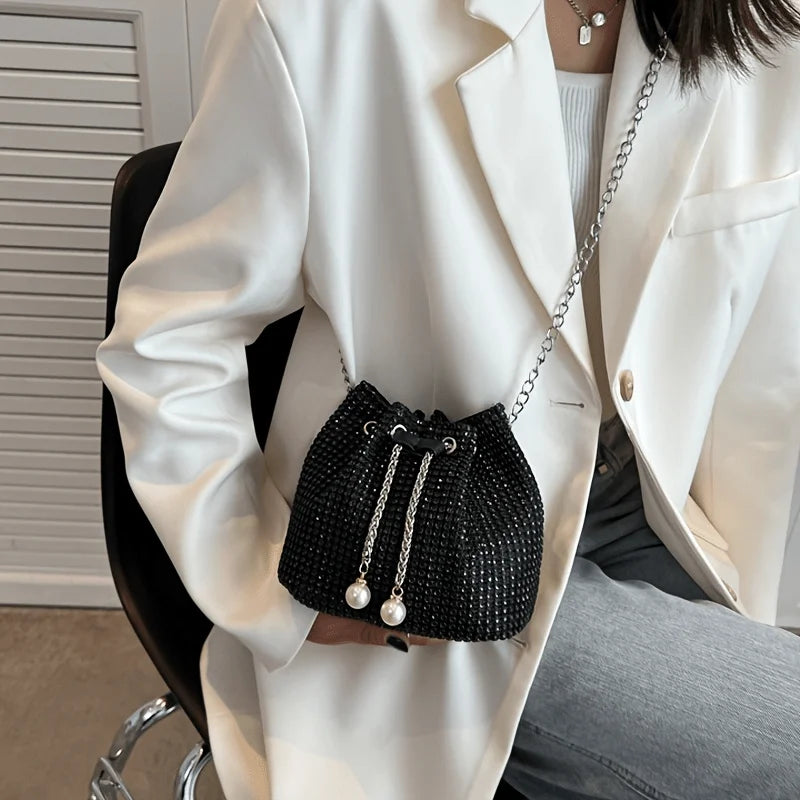 Rhinestone Drawstring Crossbody Bucket Bag – Formal Handbag for Women