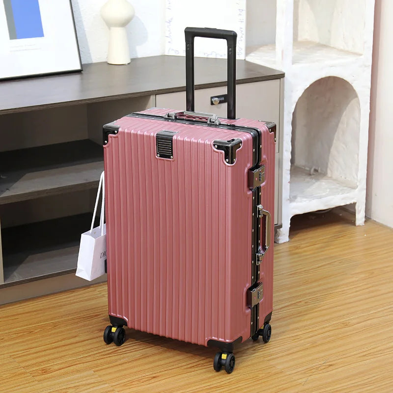 Aluminum Frame Leather Trolley Case — 20"/24"/26"/28" Universal Wheels