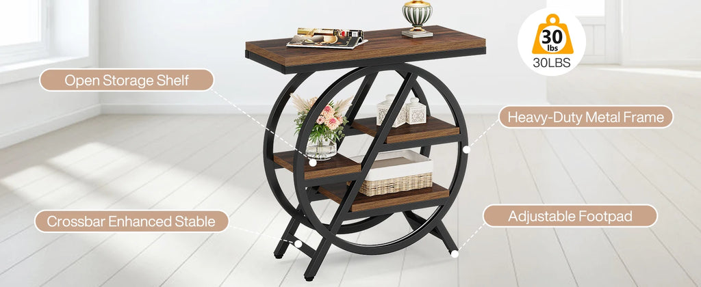 3-Tier Narrow End Table with Storage — Wood & Geometric Metal Frame