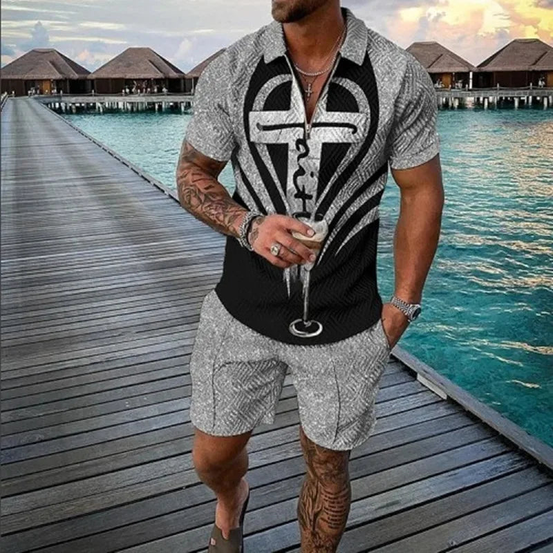 Men's 3D Printed Summer Tracksuit Set – Short Sleeve Polo Shirt & Shorts
