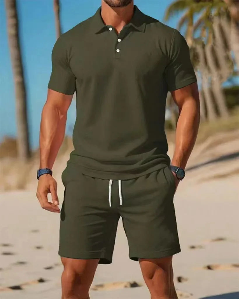 Men's Button-Down Polo Shirt & Breathable Mesh Shorts Set – Casual Versatile Summer Plus Size