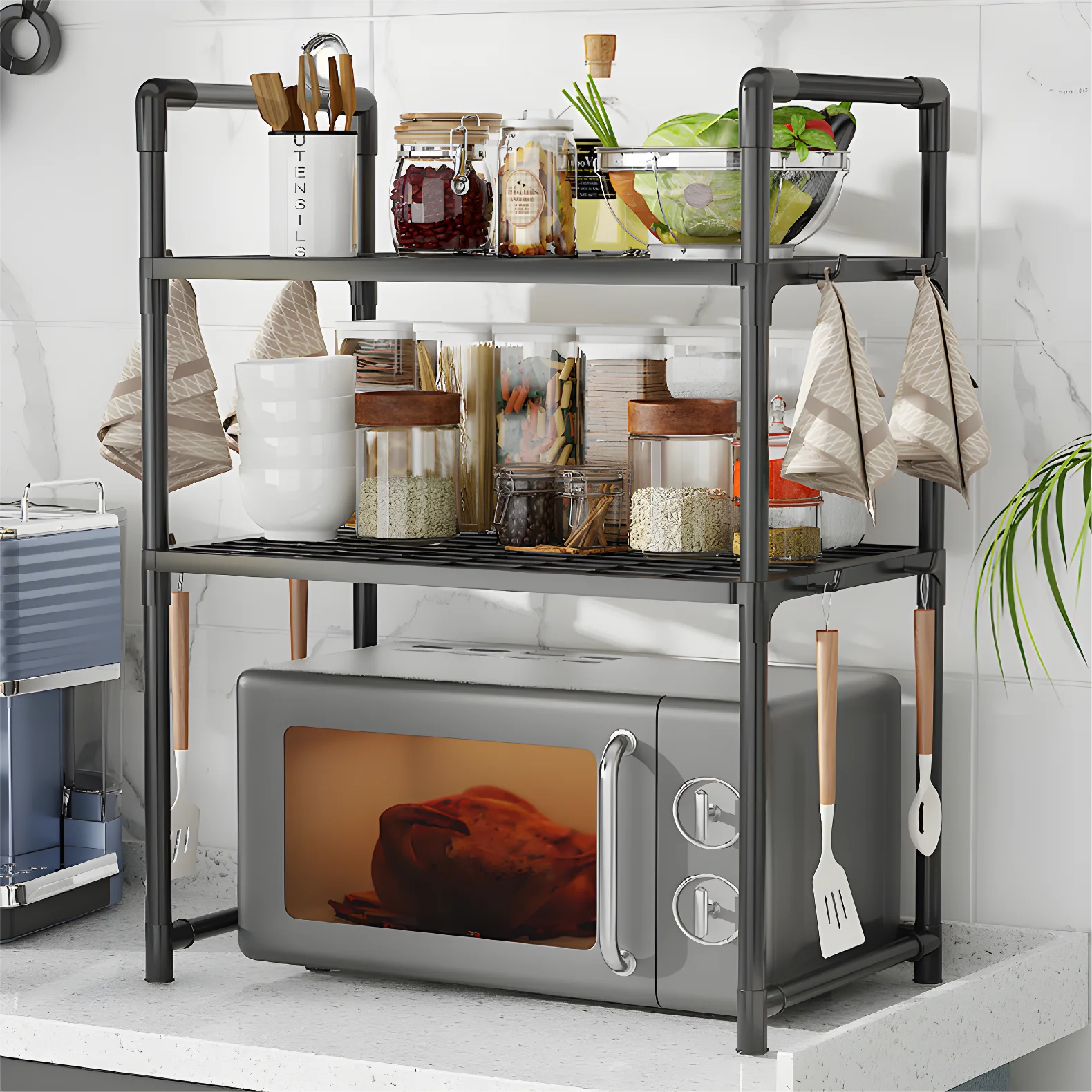 Metal Countertop Microwave & Kitchen Storage Rack — 2 & 3-Layer Utensil & Tableware Organizer