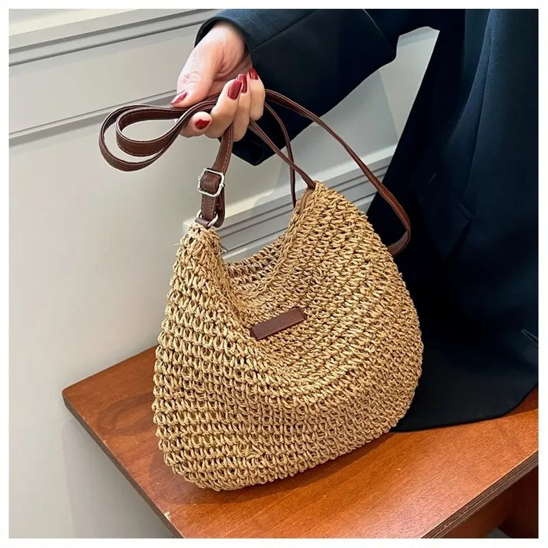 Woven Straw Crossbody Bag – Boho Beach Shoulder Bag for Women