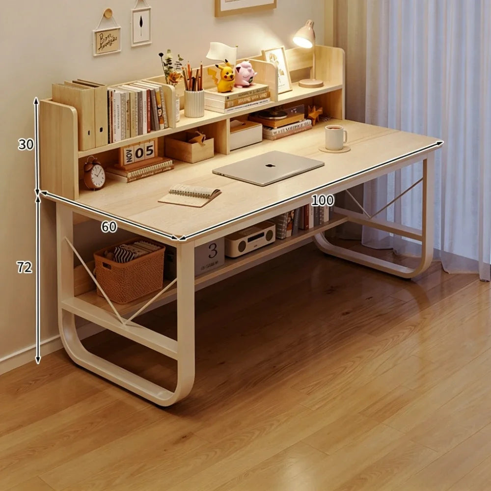 Minimalist Writing & Computer Desk with Storage — Metal Frame Wood Desktop, Multiple Colors