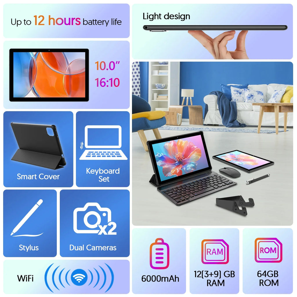 BAKEN 10.1" Android 16 Tablet – 12GB RAM, 64GB, Wi-Fi 6, 6000mAh