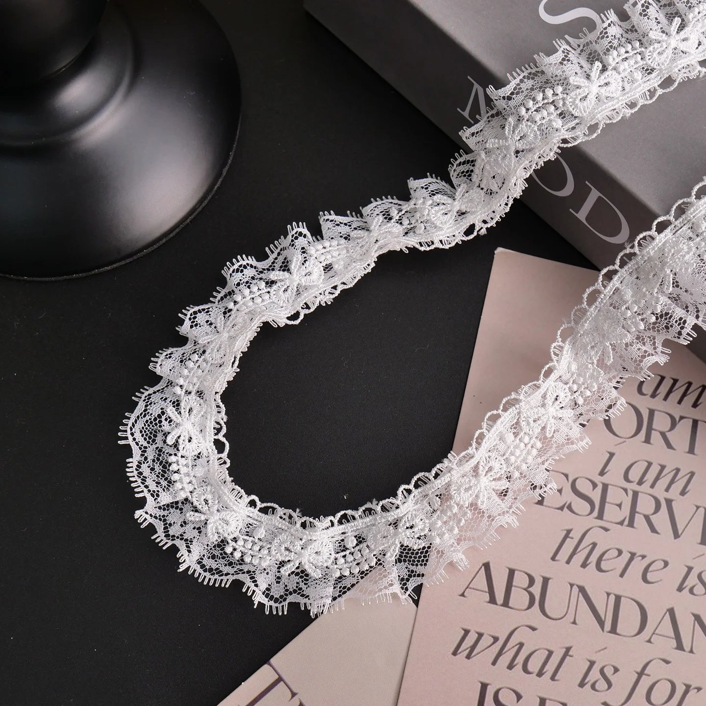 White Lace Ribbon Bow Trim — Embroidered Edge for Dresses, Bridal & DIY Crafts