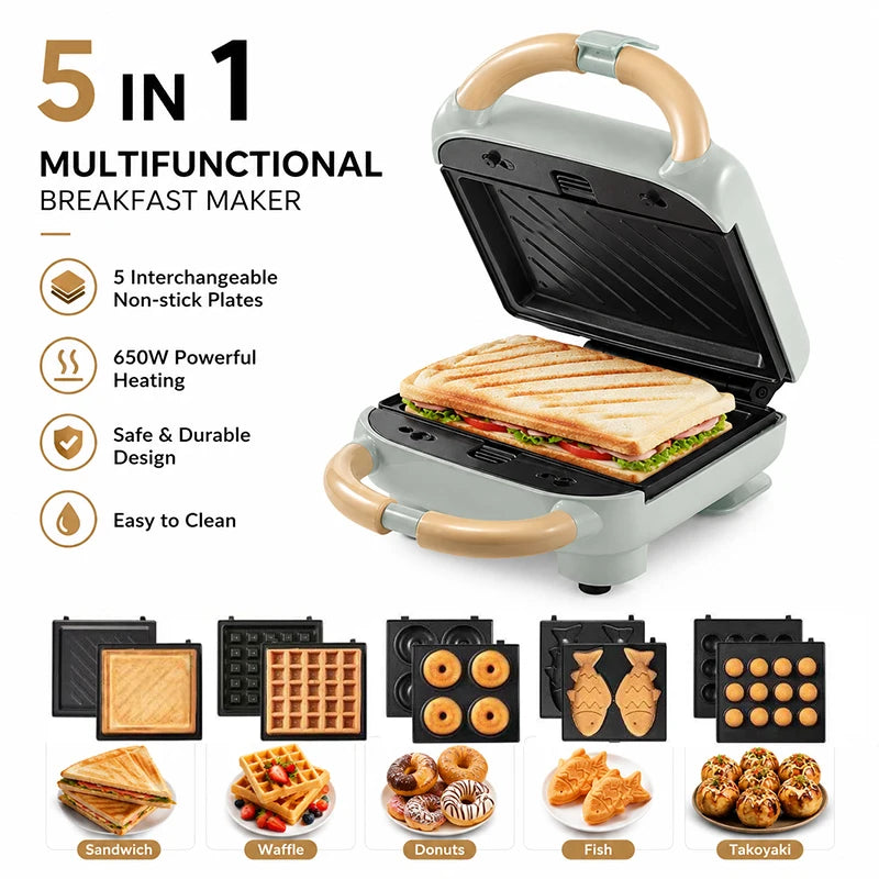 Mini Sandwich Maker & Breakfast Multi Cooker – Electric Toaster, Pancake, Waffle & Donut Maker for Kitchen