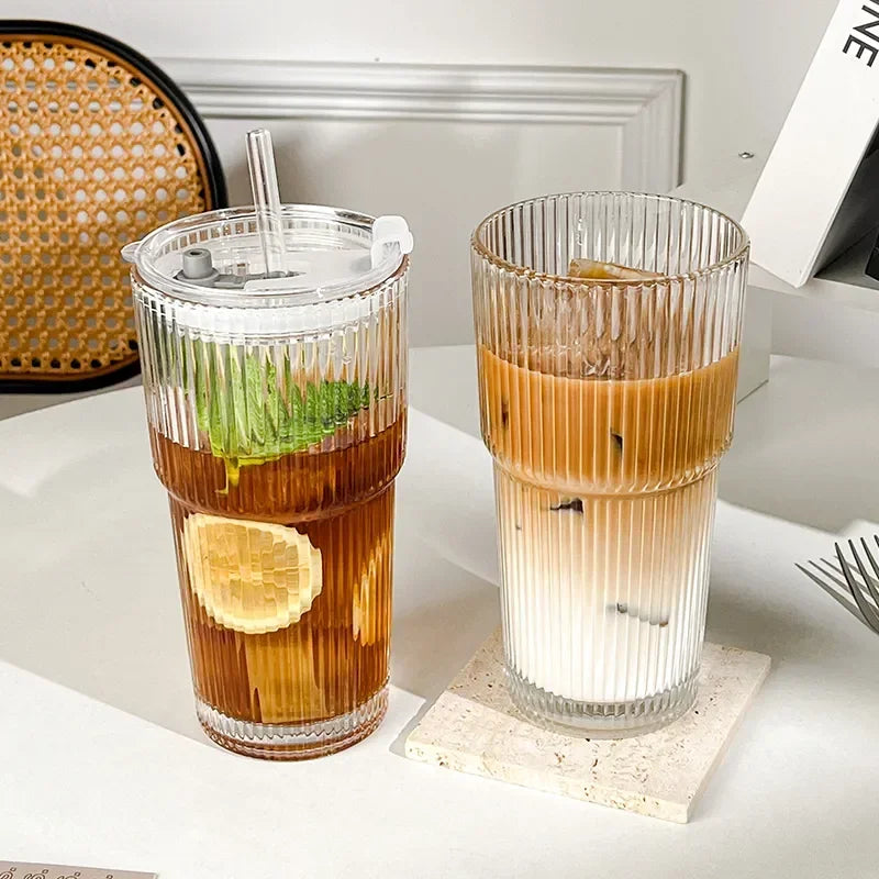 600ml Striped Borosilicate Glass Cup with Lid & Straw – Clear Iced Coffee & Smoothie Glass, CE Certified