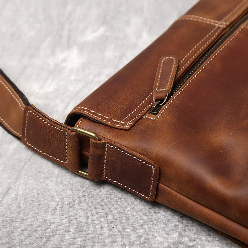 NZPJ New Leather Men's Shoulder Bag Retro Top Layer Cowhide A4 File Men's Bag Brown Handmade Crazy Horse Leather Messenger Bag