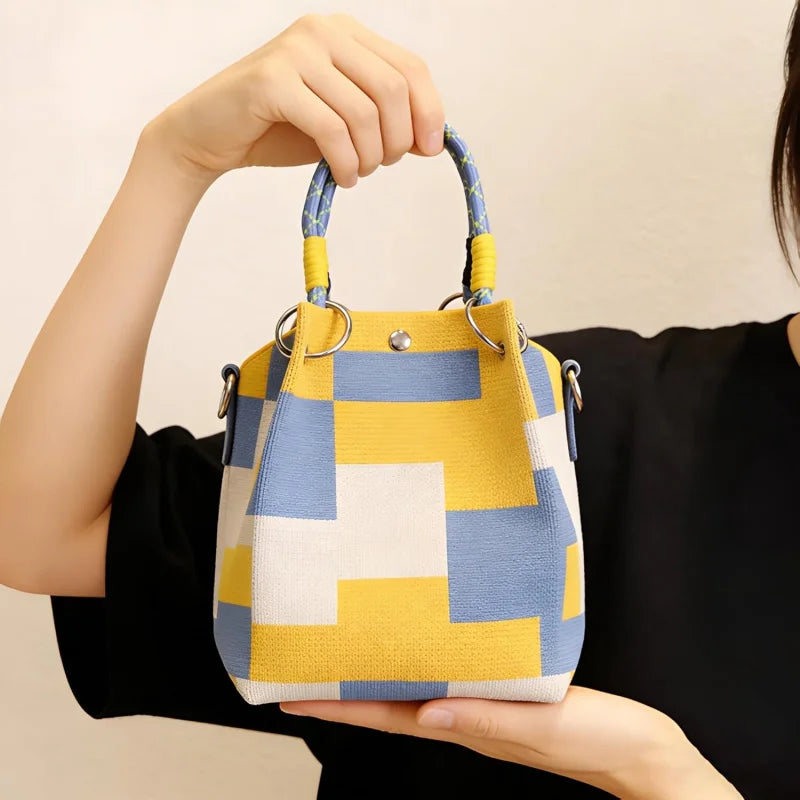 Mini Knitted Geometric Colorblock Bucket Bag – Detachable Handle Wristlet Purse for Women
