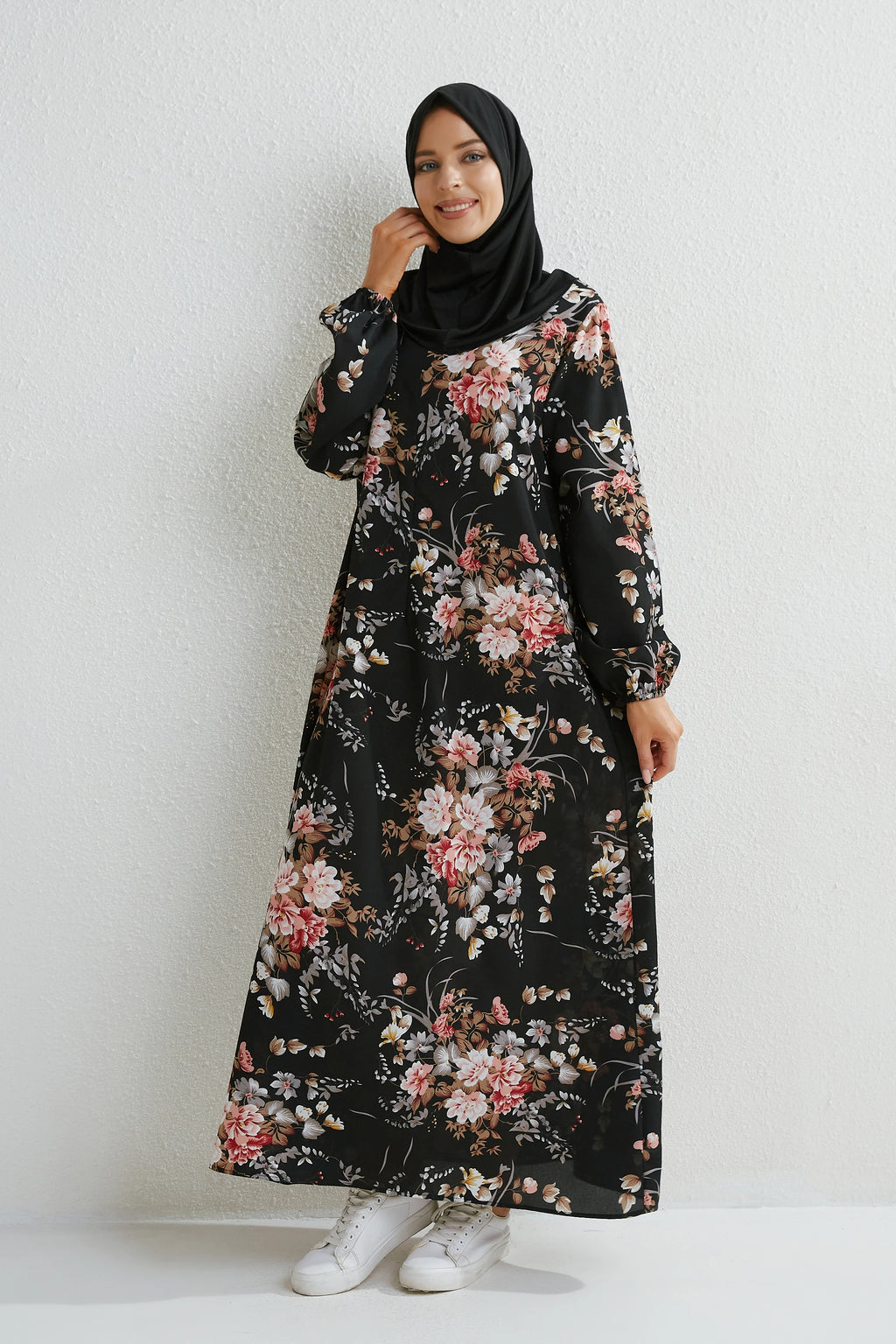 Muslim Floral Printed Full Sleeve Maxi Robe — Loose Modest Long Casual Dress