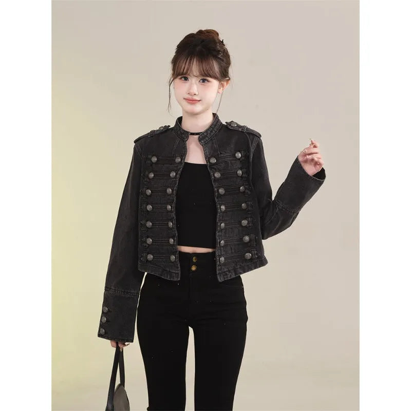 Women's Retro Button Slim Stand Collar Denim Jacket – Short Jean Coat in Black