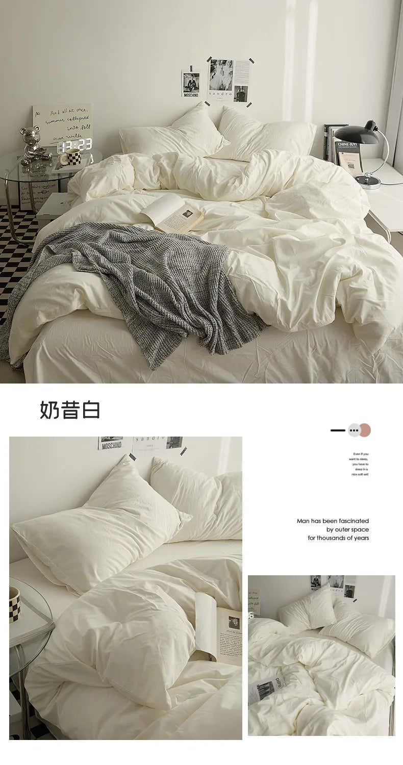 Solid Color Washed Cotton Bedding Set – 4-Piece Duvet Cover, Bed Sheet & Pillowcases, Twin to King