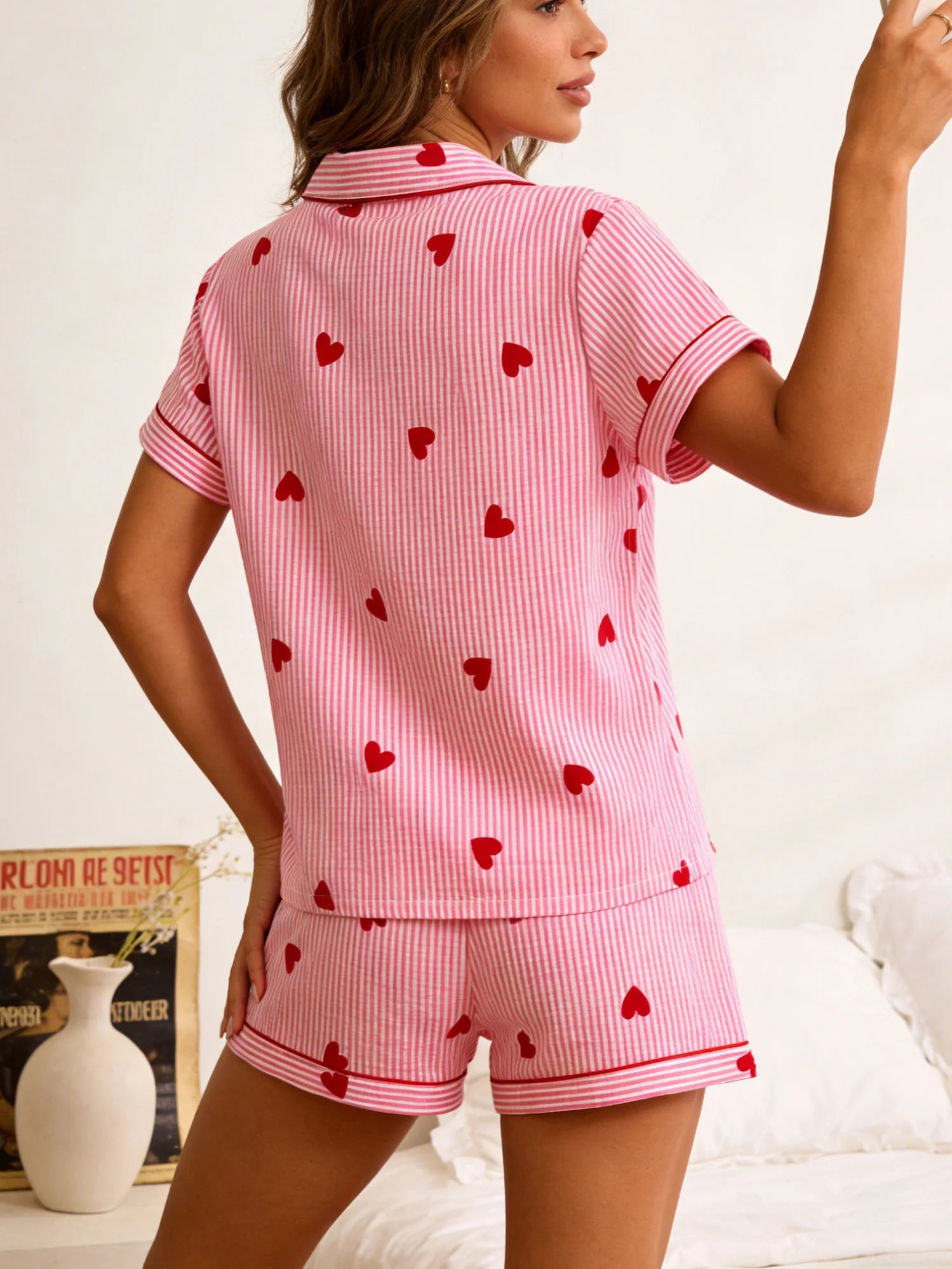 Women's Cardigan Lapel Pajama Set | Short Sleeve Shorts Sweet Pink Stripe Heart Print Loungewear