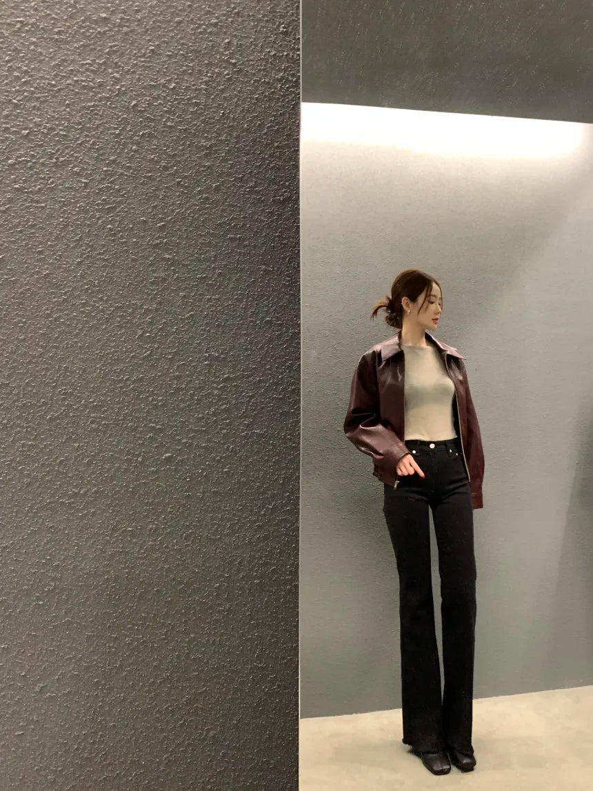 Women's Cropped Faux Leather Jacket – Lapel Zip Front