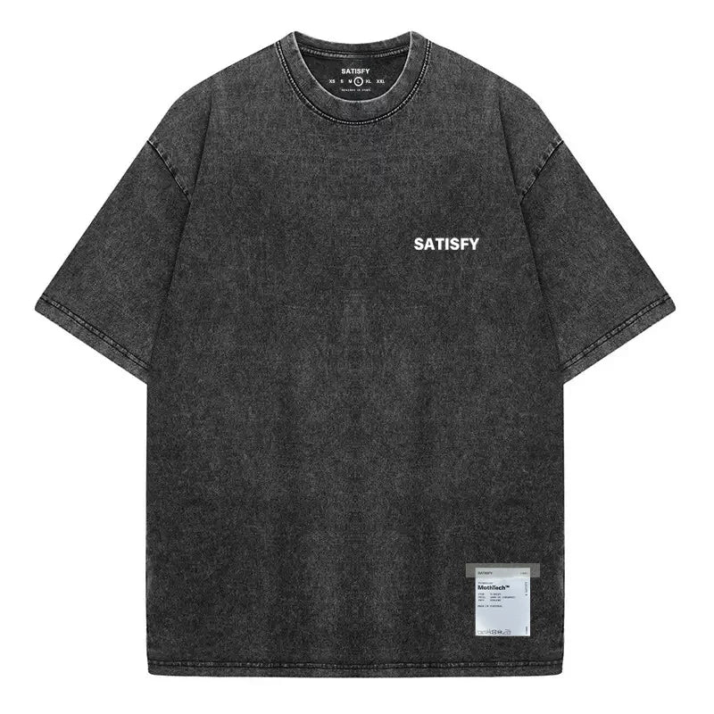 SATISFY Running MothTech Distressed Graphic T-Shirt — Loose Fit Cotton Short Sleeve Tee