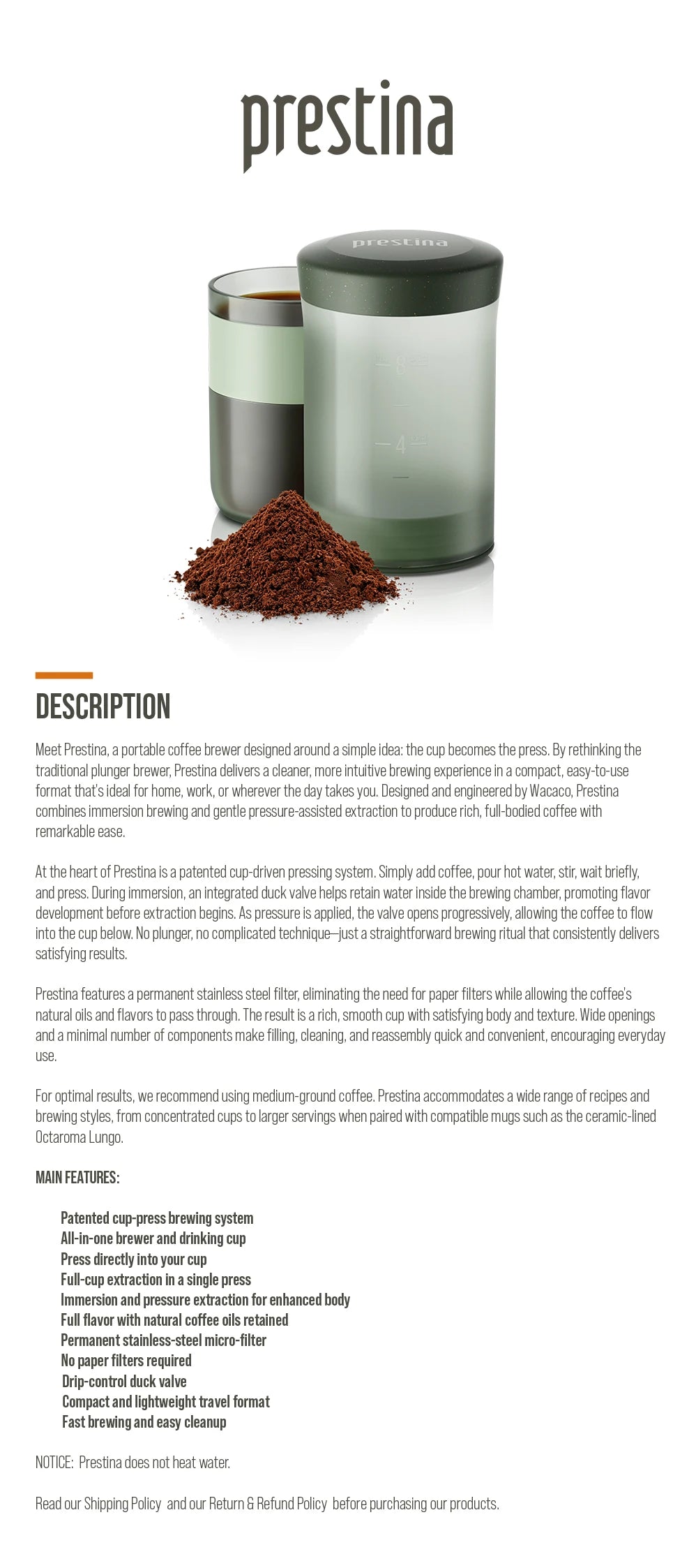 Coffee Anywhere, Anytime — WACACO Prestina All-in-1 Portable French Press | Foldable Manual Brewer for Camping, Hiking & Travel