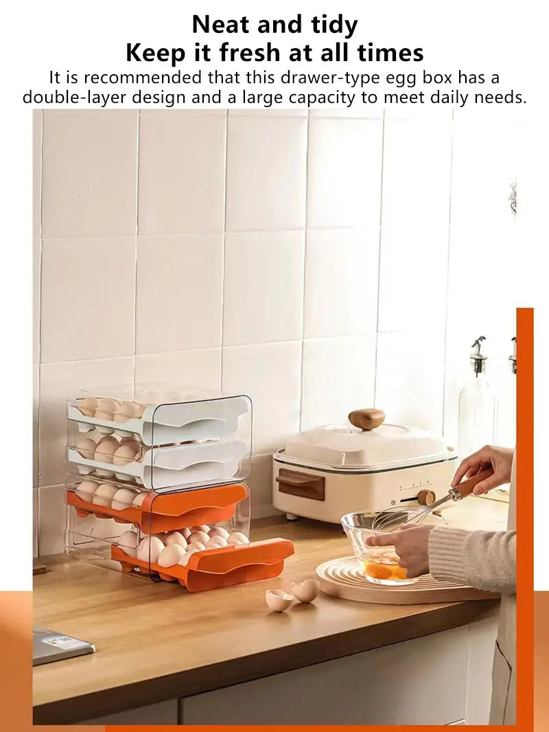2-Layer Drawer Egg Storage Box – 32-Grid Fridge Egg Organizer, Dust-Proof & Stackable