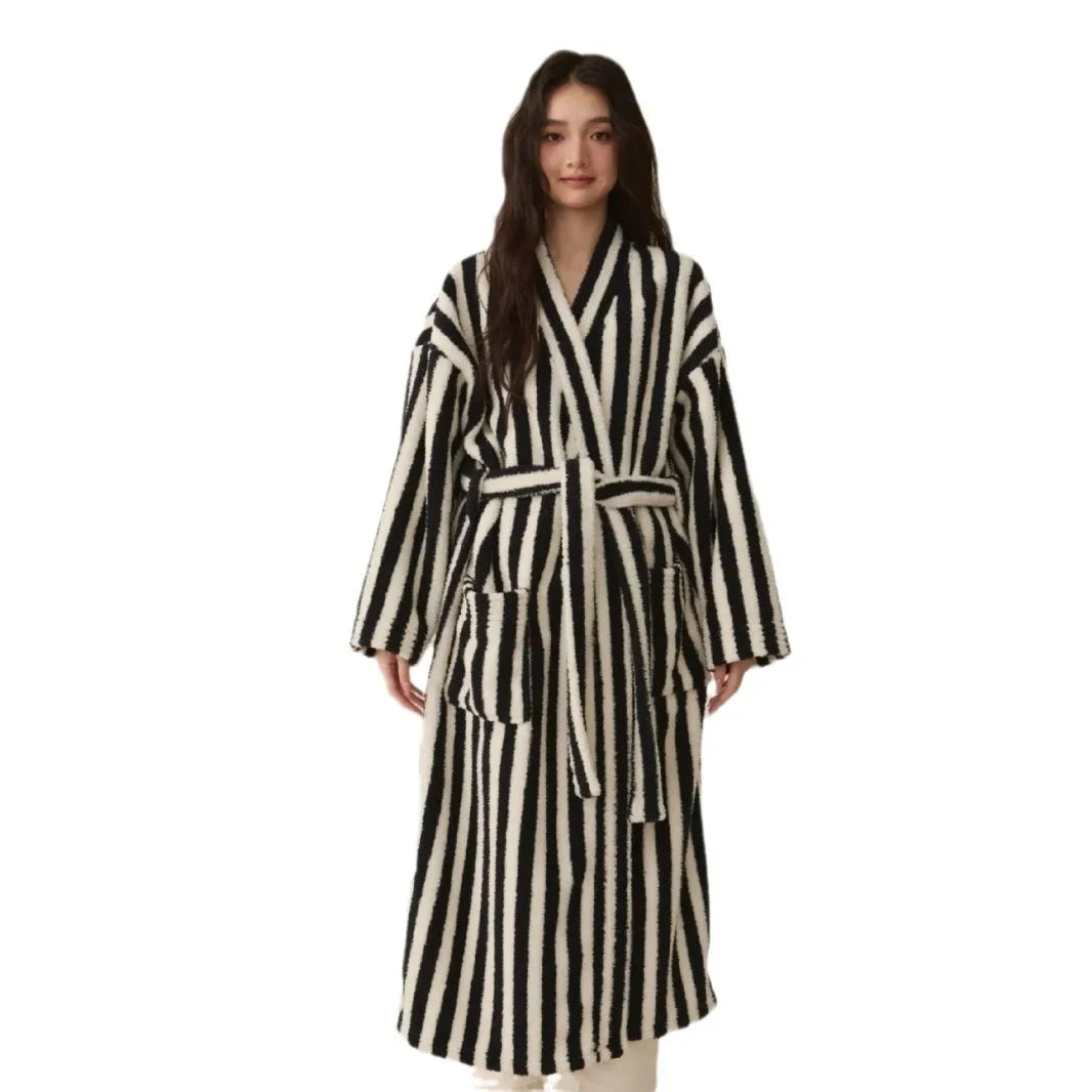 Thickened Flannel Robe & Pants Pajamas Set | Couple Coral Velvet Striped Bathrobe Homewear