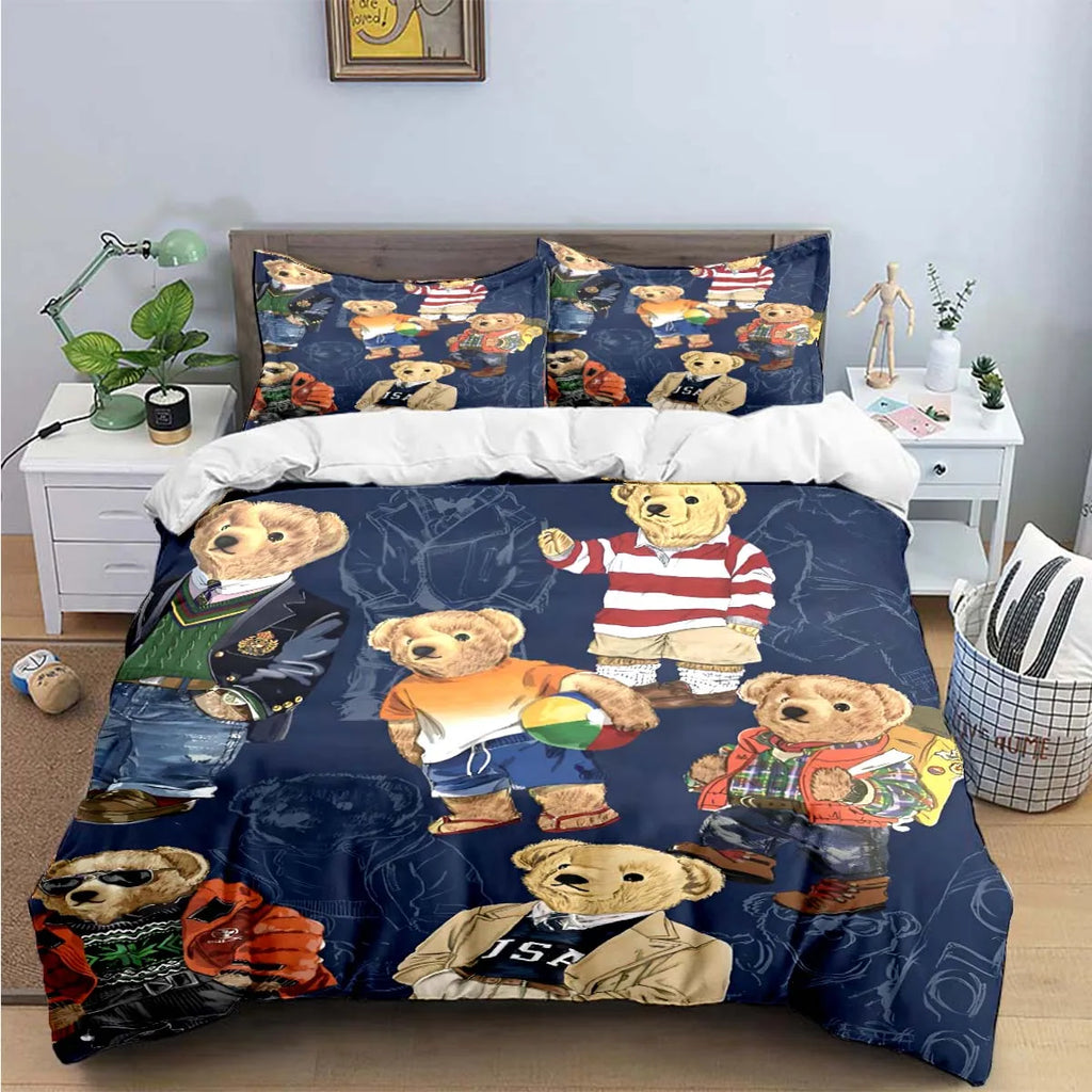 Cute Bear Print Bedding Set – Duvet Cover & Bed Linen, Single to King, Adults & Teens