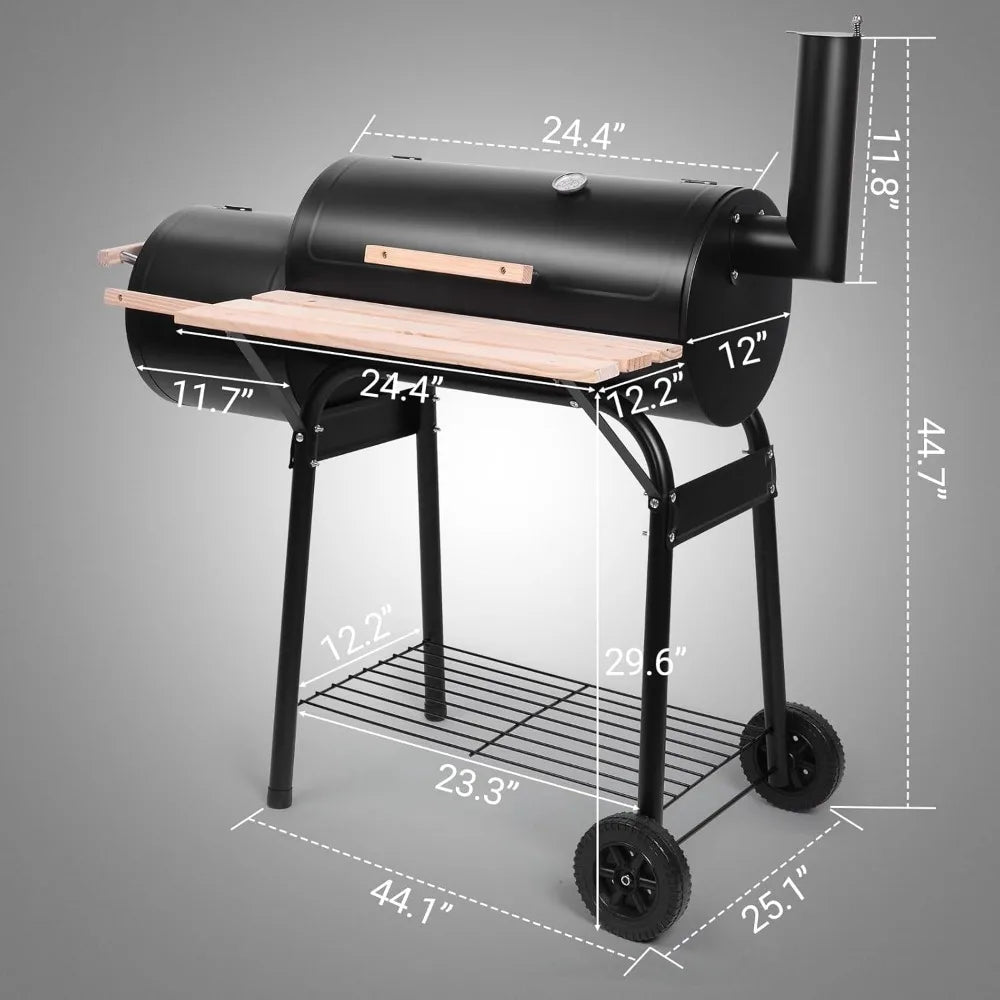 Portable Outdoor Barbecue Grill with Offset Smoker | Alloy Steel, Lid Thermometer, Wooden Handle, Wheels & Storage Tray, Patio, Picnics & Camping