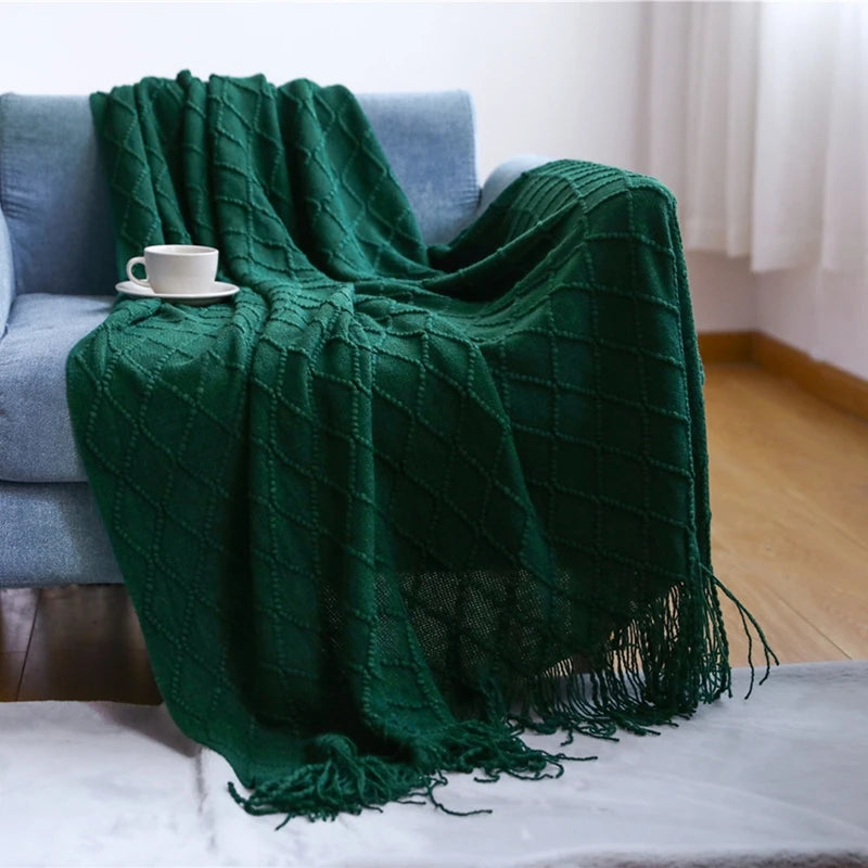 Knitted Acrylic Throw Blanket with Tassels – Chunky Farmhouse Style, 28 Colors & 2 Sizes
