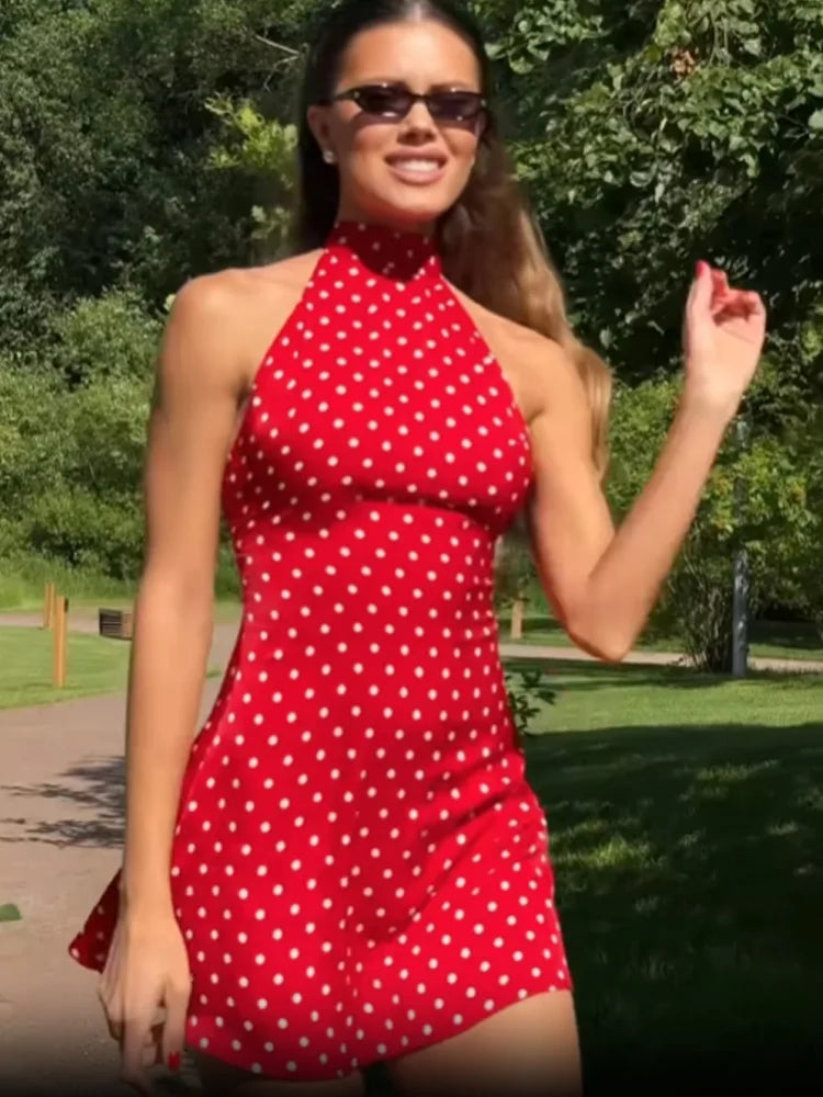 Halter Dot Print Backless Sleeveless Mini Dress – Sexy Streetwear Sheath O-Neck Slim Vestido