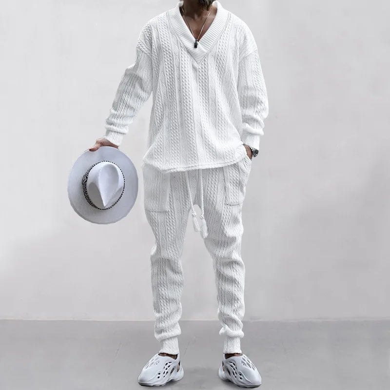 Men's Jacquard Knit Sweater & Casual Trousers Two-Piece Set