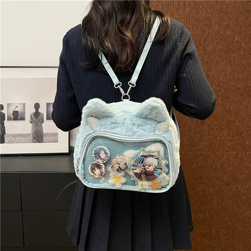 Furry Plush Kawaii Cat Ita Backpack – Cute Student Crossbody Bag for Women