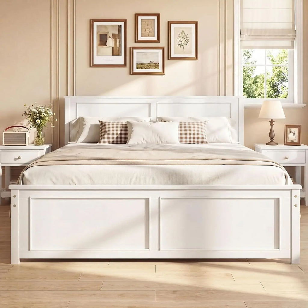 Farmhouse Solid Wood Full Size Bed Frame with Headboard – Platform Bed, Wooden Slat Support, No Box Spring Needed