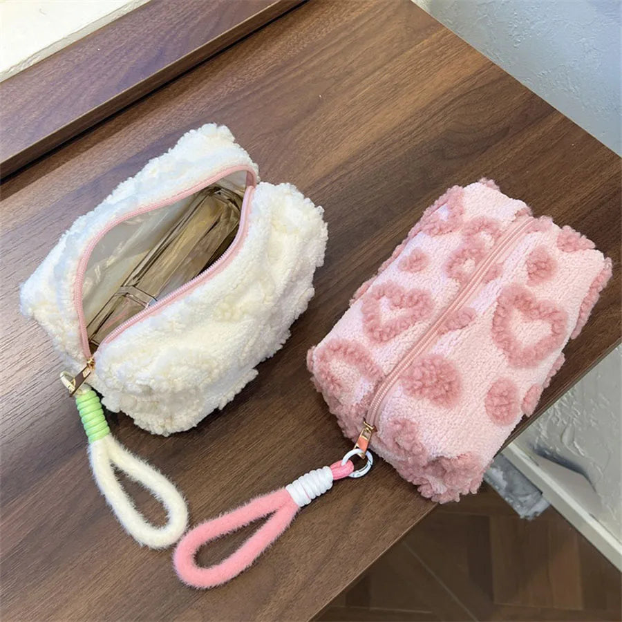 Plush Makeup Bag with Handle – Soft Love Print Travel Cosmetic Organizer & Pencil Case Clutch