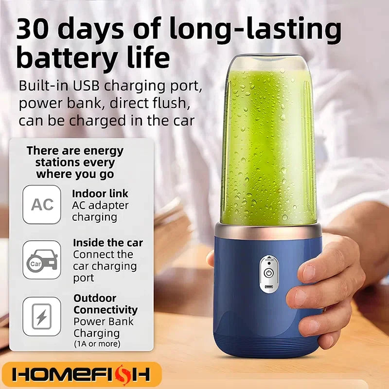 HOMEFISH 400ml Portable Electric Blender Bottle – 6-Blade USB Rechargeable Smoothie & Juice Blender, Ice Crush, CE/ROHS