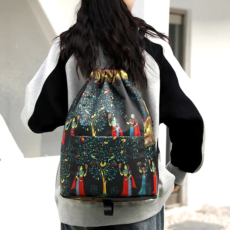 Women's Drawstring Backpack – Foldable Nylon Daypack