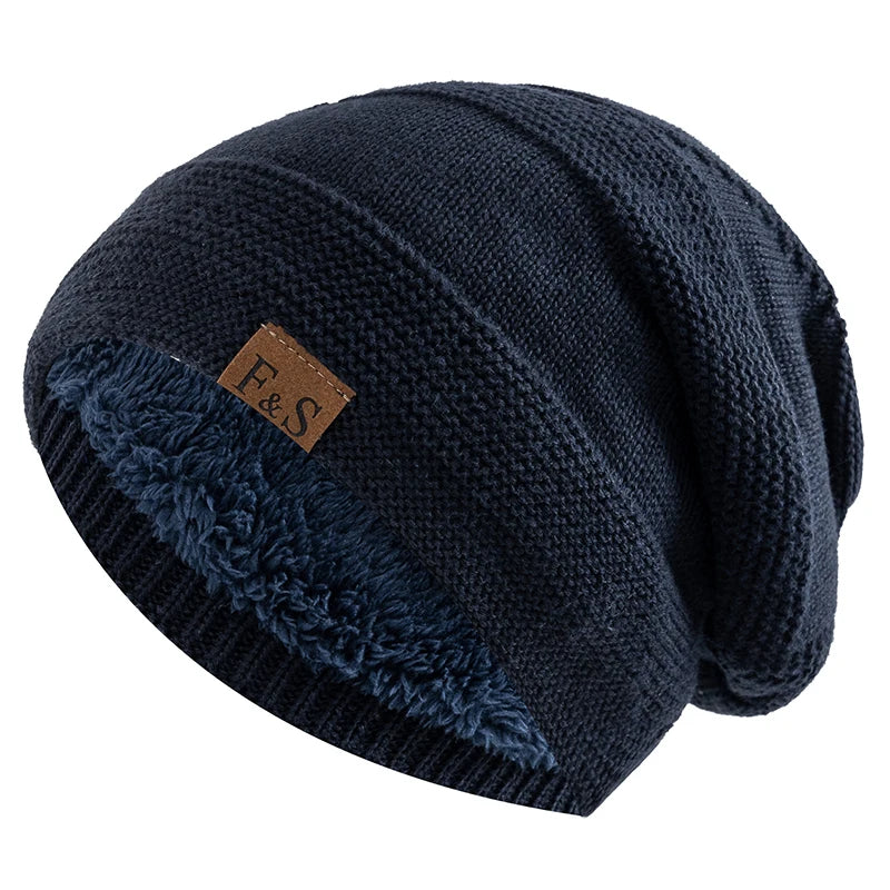Unisex Slouchy Fur Lined Winter Beanie Hat — Warm Label Decor Knitted Cap for Men & Women