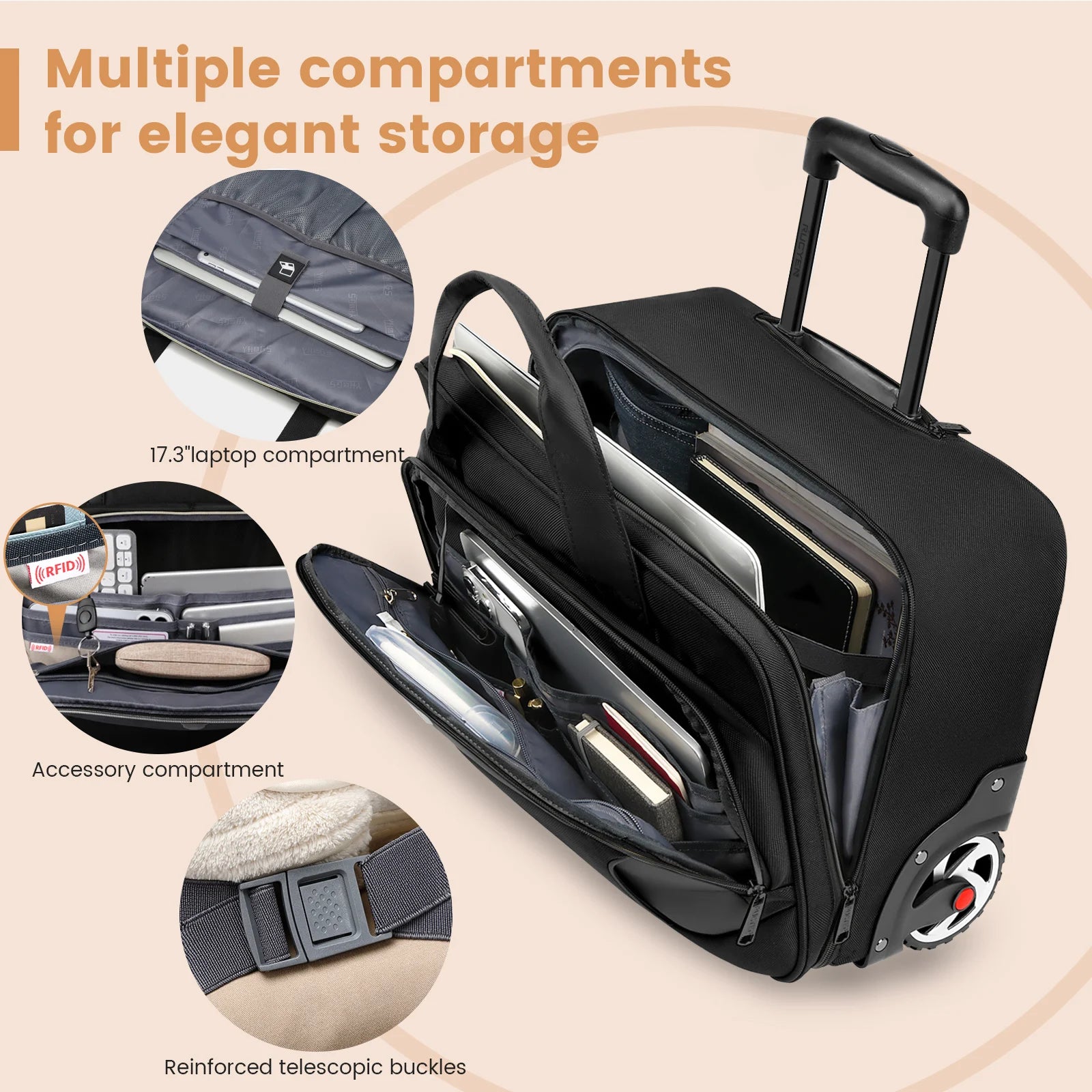 18" Waterproof Rolling Briefcase — Wheeled Laptop Business Bag