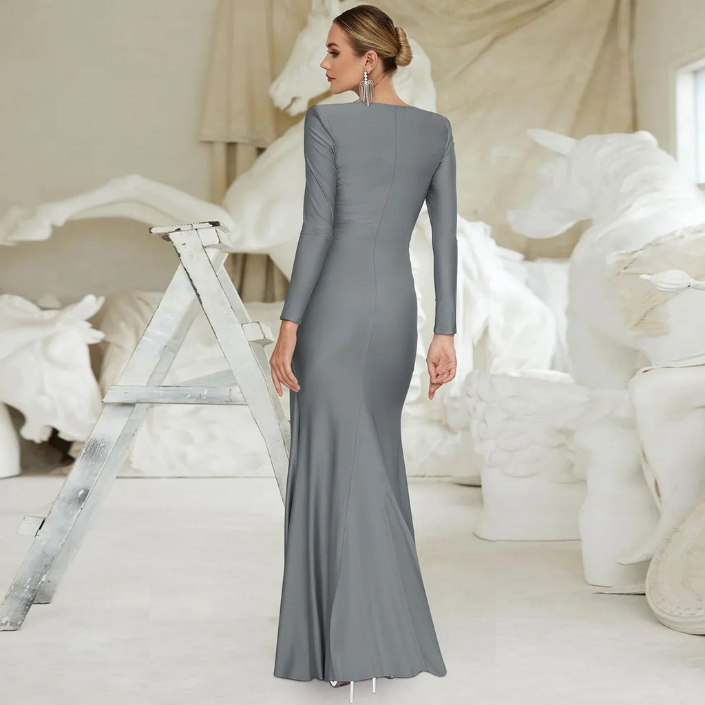 Women's Elegant Wedding Party Dress Female Clothing O-neck Long Sleeve Ruched High Waist Bodycon Long Maxi Evening Prom Dresses