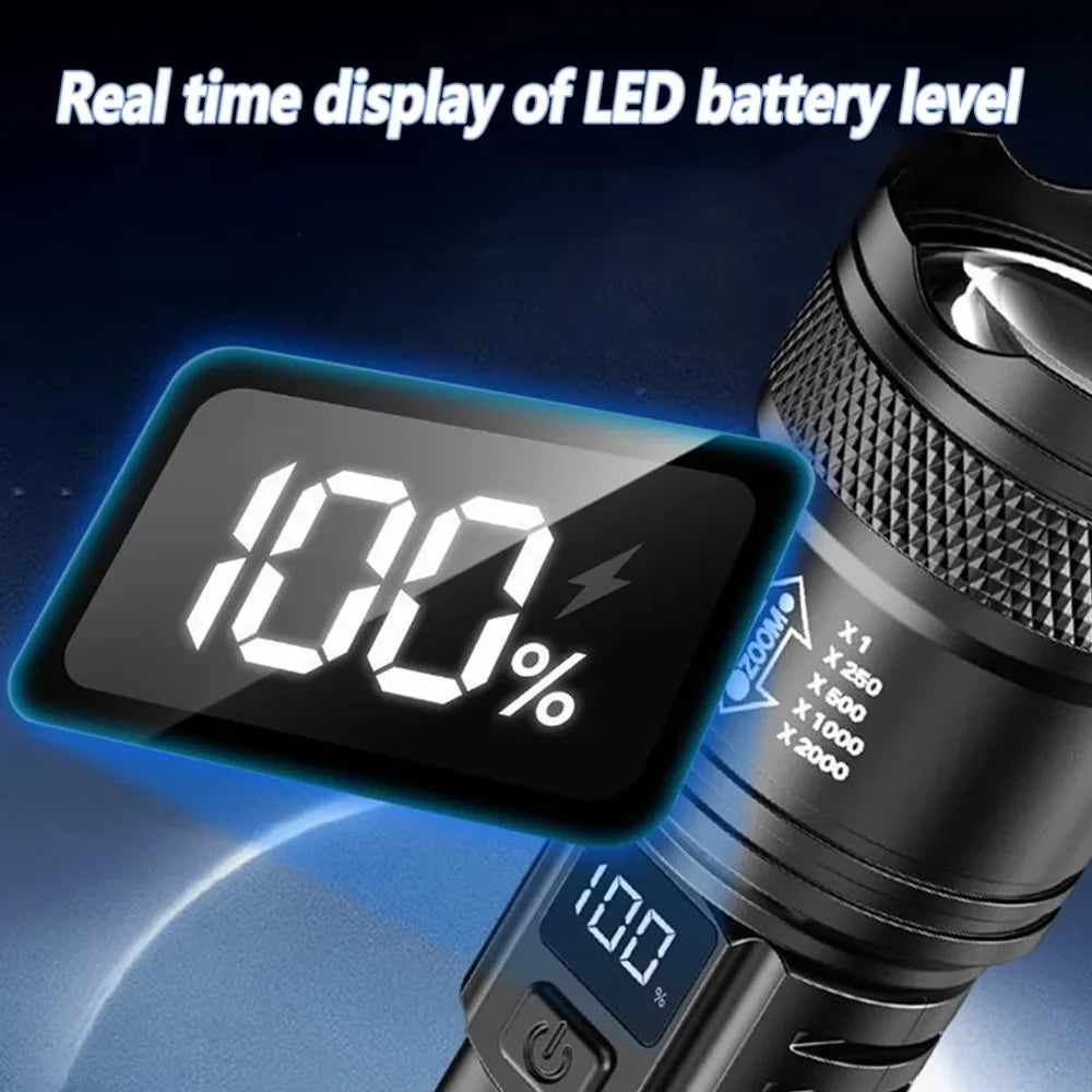 Rechargeable LED Flashlight – 800 Lumen, Zoomable, LCD Display, 3 Modes, Waterproof Camping Torch