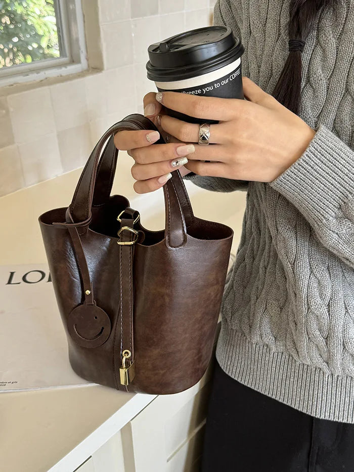PU Leather Lock Bucket Crossbody Shoulder Bag – Fashion Designer Tote Handbag for Women