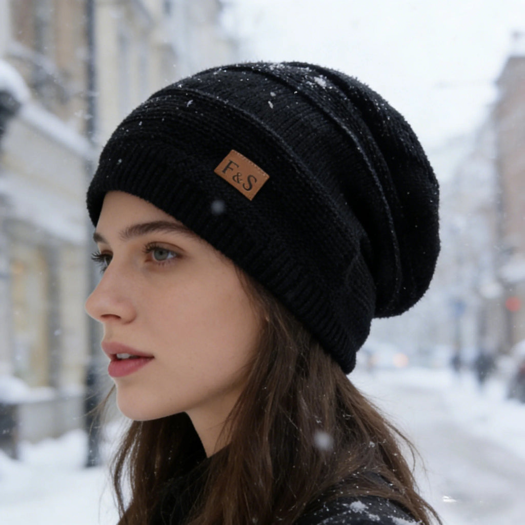 Unisex Slouchy Fur Lined Winter Beanie Hat — Warm Label Decor Knitted Cap for Men & Women