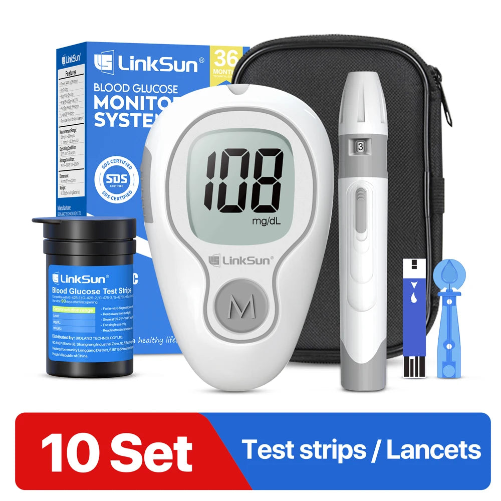 LinkSun G-425-3 Blood Glucose Meter – Complete Glucometer Kit with 10/50/100/200pcs Test Strips & Lancets for Diabetes Monitoring