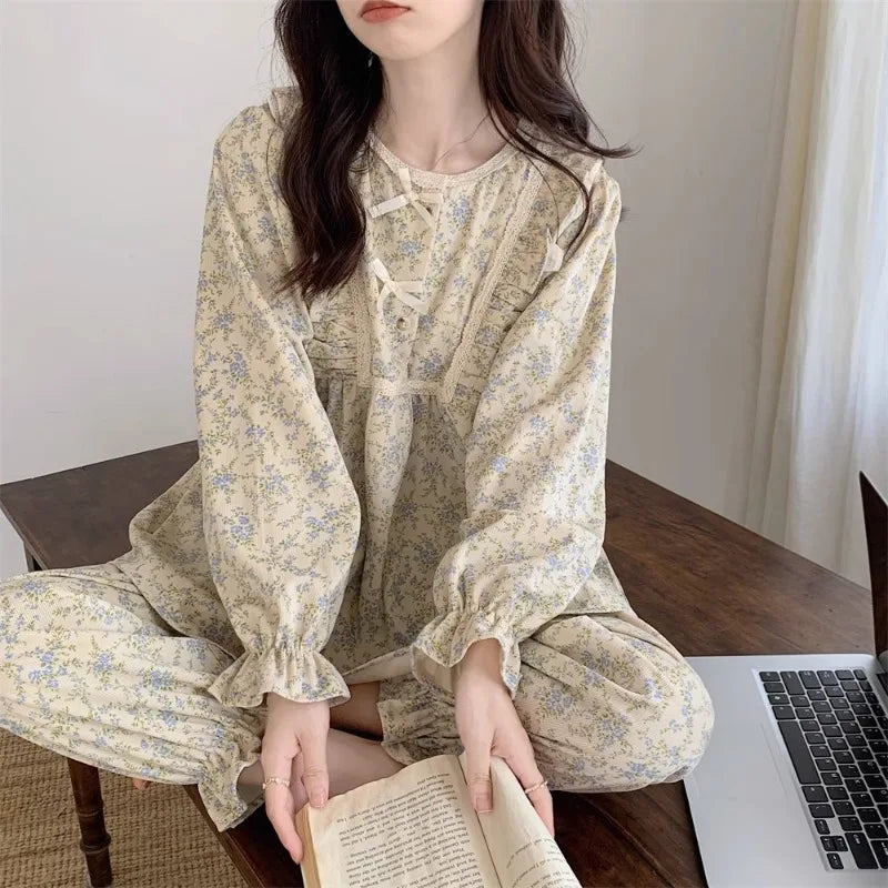 Women's Plus Size Garden Style Pajama Set | Korean Bow Homewear Long Sleeve